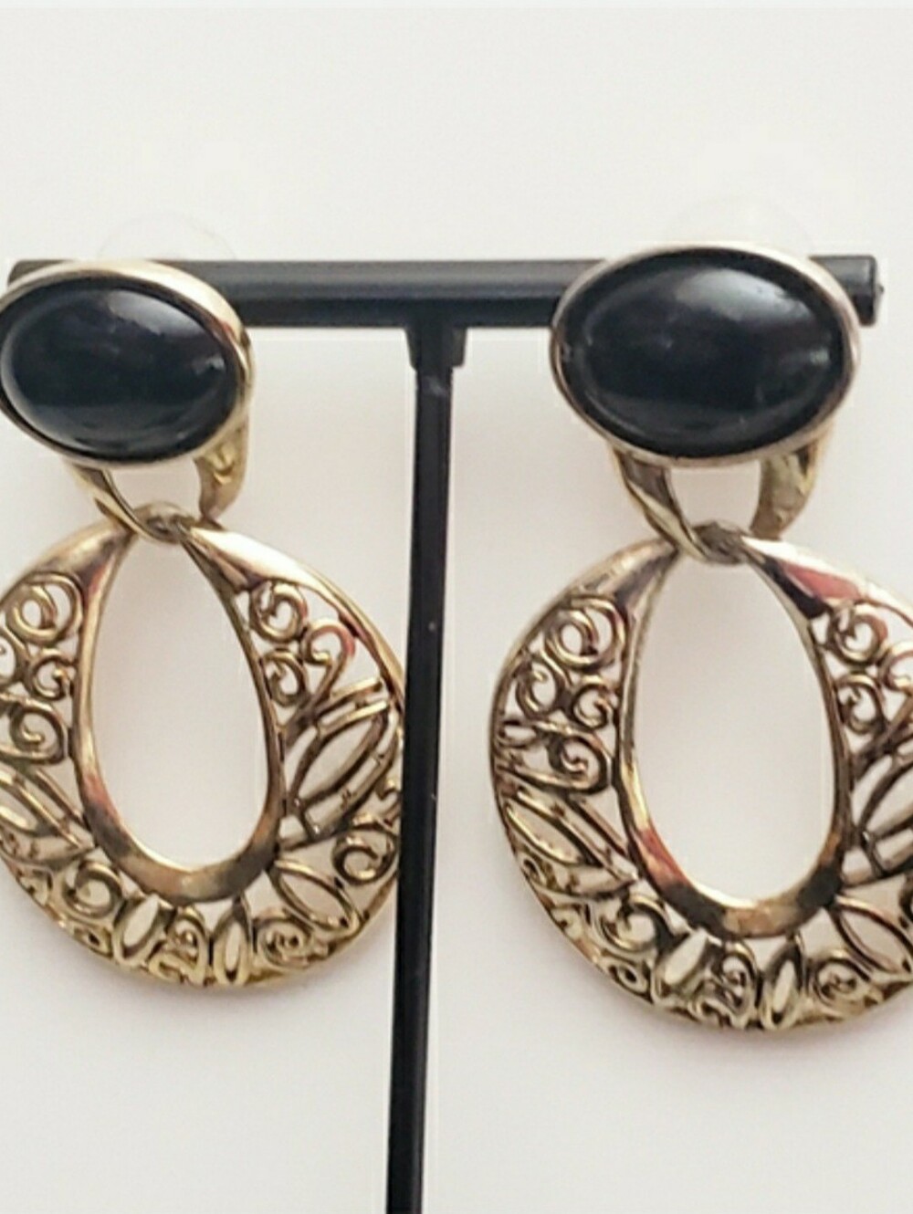 Black Cabachon and Gold Scroll Door Knocker Earrings